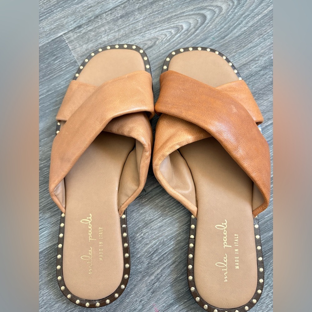 Mila Paoli Italian leather cross sandals with studded detail